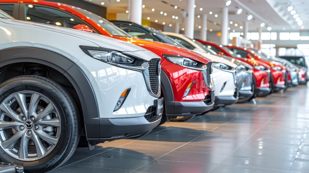 Sala vendita moderna con fila di SUV in esposizione — portale concessionari YouMotor